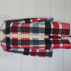 Cynthia Rowley Plaid Mid Length Jacket Wool Tweed Coat Red Multicolor Sz XS